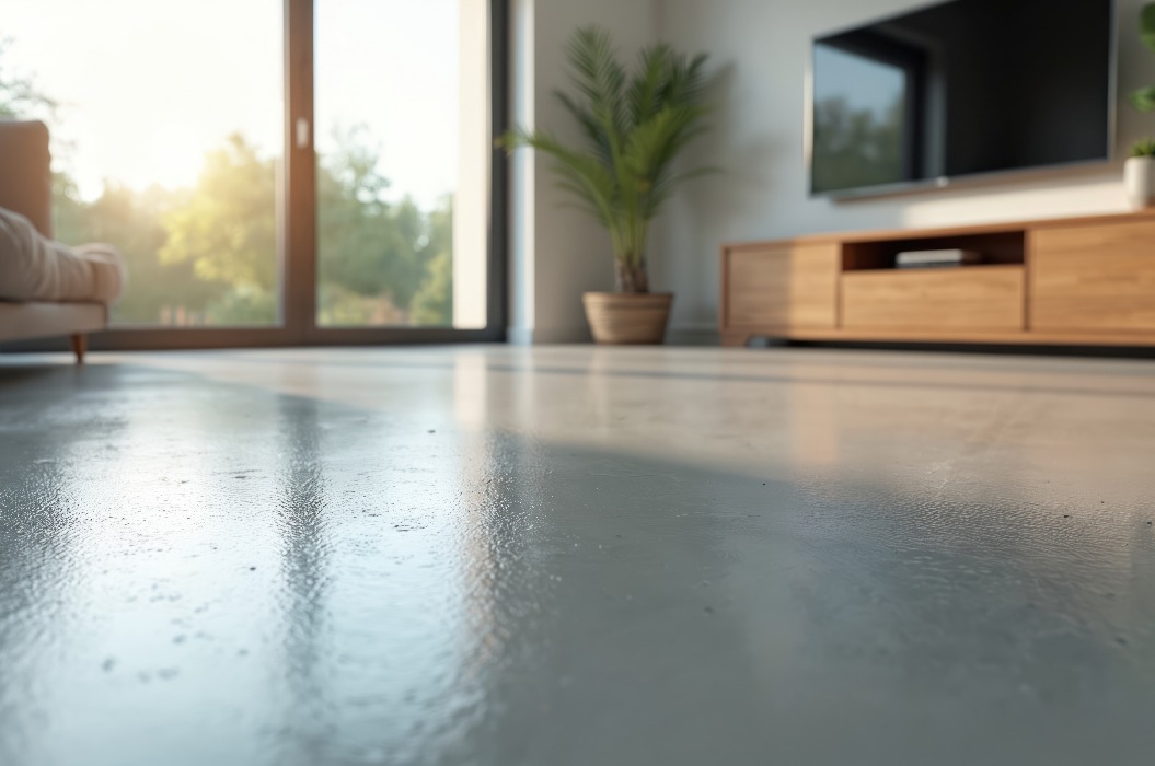 Ein Estrich aus frischem Zementmörtel sorgt für eine ebene Bodenoberfläche. Moderne graue Betonoptik für den Umbau und die Renovierung von Wohnräumen. Glatte Flüssigbeschichtung für Innenräume, Bauwesen, Bauunternehmer und Handwerker.