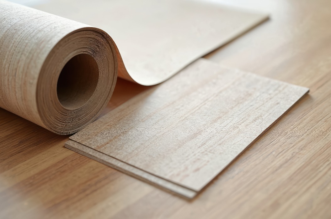 Eine Rolle beiger, strukturierter Vinylbodenbelag ist auf Holzdielen abgebildet. Das Material weist eine helle Holzmaserung auf. Die Vinylbahnen sind ordentlich neben der Rolle gestapelt und bereit für die Verlegung in Wohn- oder Gewerberäumen.