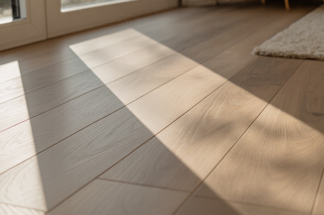 Sonnenlicht fällt über den hellbeigen Holzboden und wirft diagonale Schatten