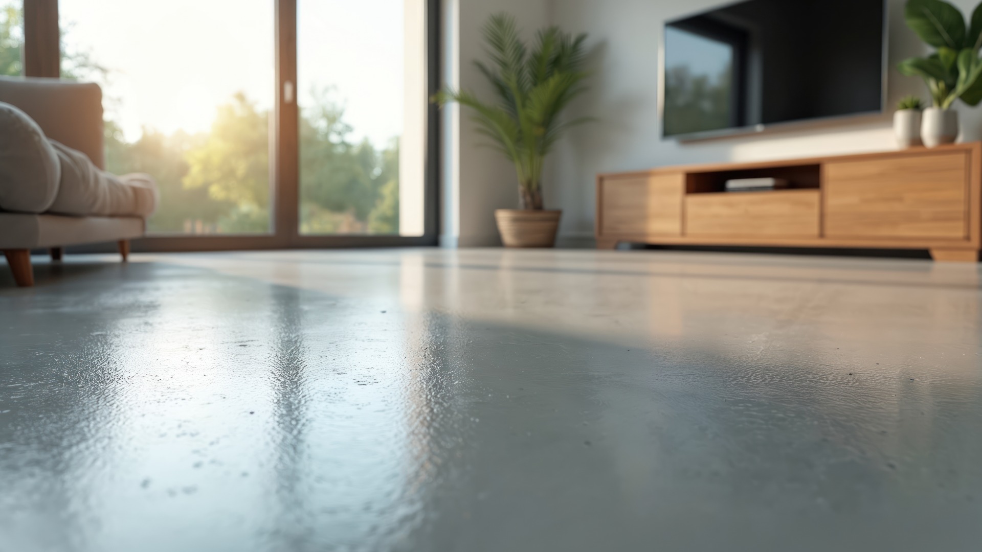 Ein Estrich aus frischem Zementmörtel sorgt für eine ebene Bodenoberfläche. Moderne graue Betonoptik für den Umbau und die Renovierung von Wohnräumen. Glatte Flüssigbeschichtung für Innenräume, den Bau sowie Bauunternehmer und Handwerker.