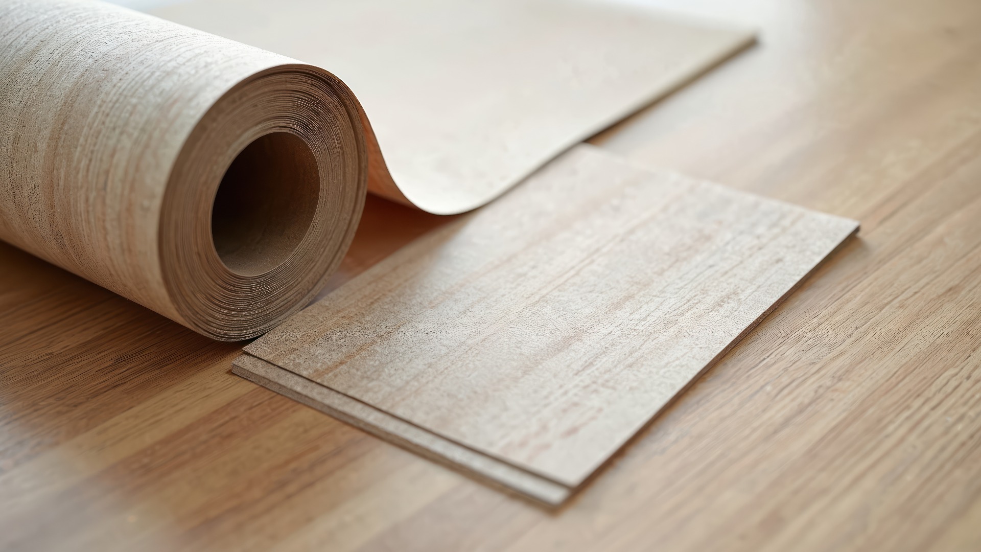 Eine Rolle beiger, strukturierter Vinylbodenbelag ist auf Holzplanken abgebildet. Das Material weist eine helle Holzmaserung auf. Die Vinylbahnen sind ordentlich neben der Rolle gestapelt und bereit für die Verlegung in Wohn- oder Gewerberäumen.