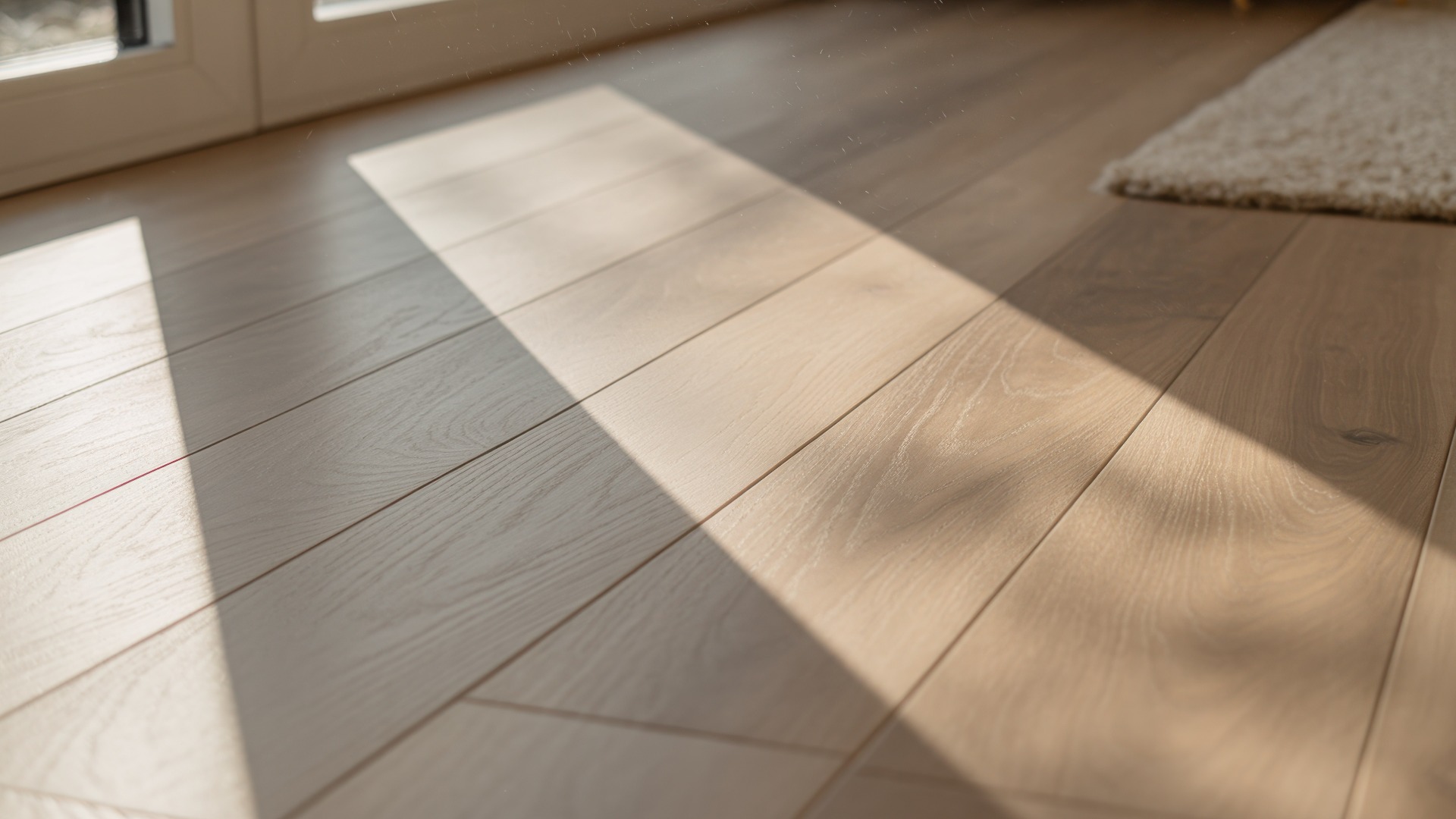 Sonnenlicht fällt über den hellbeigen Holzboden und wirft diagonale Schatten